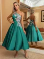 Perfect Ball-Gown One-Shoulder Flower Tea-Length Satin Dress